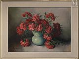 a painting of red flowers in a vase on a table