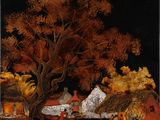 an image of a painting of a village at night with a horse drawn carriage