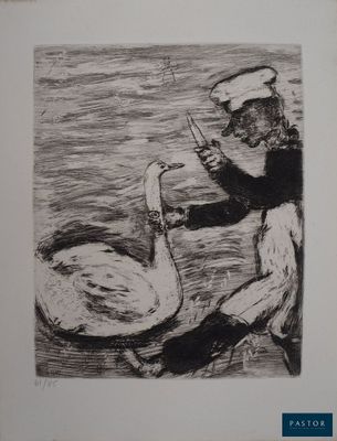 a picture of a drawing of a man feeding a swan