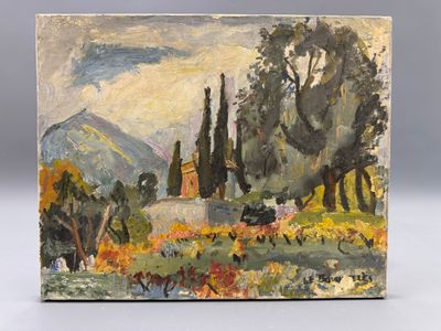 une peinture à l'huile représentant un paysage avec des arbres et une église au loin