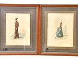 two framed pictures of a man and a woman standing in front of each other