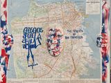 painting of a map of a city with a face on it