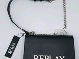 the black purse has a chain that says replay on it