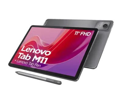 Tablette tactile Lenovo Tab M11 avec stylet et son chargeur.