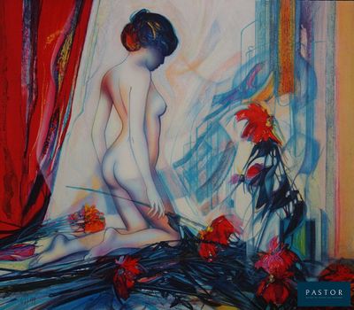 tableau représentant une femme assise sur un lit, avec des fleurs devant elle