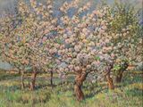 une peinture à l'huile représentant trois pommiers dans un champ herbeux