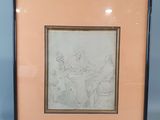 framed drawing of a man and a woman sitting on a bench
