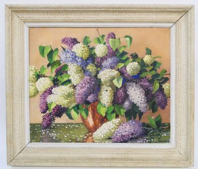 une peinture à l'huile de lilas dans un vase sur une table