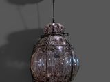 une image représentant une lampe suspendue au plafond, surmontée d'un oiseau