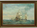 a painting of two ships in the ocean with a sky background
