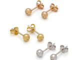 three pairs of gold and silver stud earrings on a white background