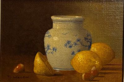 painting of a blue and white vase with lemons and nuts on a table