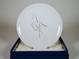 une assiette blanche ornée d'un dessin, dans une boîte bleue