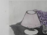 a picture of a painting of a table with a lamp and a bowl of fruit