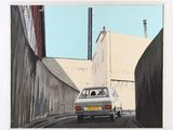 a painting of a car driving down a narrow street