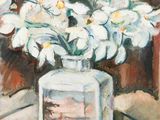 une peinture de fleurs blanches dans un vase sur une table