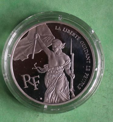 a close up of a coin with a woman holding a flag