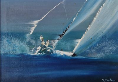 un tableau représentant un homme sur un voilier en pleine mer