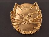 a gold cat brooch on a black surface