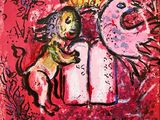 une image représentant une peinture d'un cheval et d'un oiseau sur fond rose