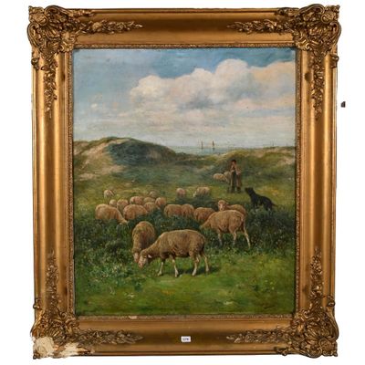 tableau représentant des moutons paissant dans un champ, avec un homme à cheval en arrière-plan