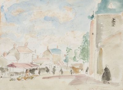 une image d'une peinture représentant une scène de rue avec une église en arrière-plan