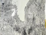 un dessin représentant un cheval dans un champ, avec des arbres en arrière-plan