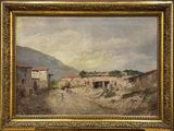 an oil painting of a village scene in a gold frame