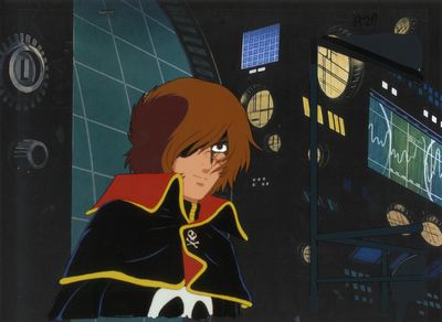 an image of a woman in a black and red outfit standing in front of a clock tower