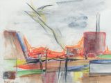 drawing of a painting of a cityscape with a bird flying over it