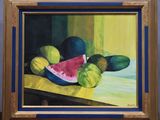 tableau représentant une nature morte avec une pastèque et d'autres fruits posés sur une table