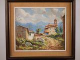 framed oil painting of a village scene with a church in the background