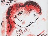 un dessin en rouge et noir représentant une femme tenant des baguettes à la main
