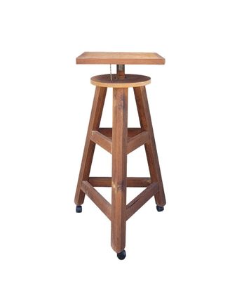 an image of a wooden stool with wheels on a white background