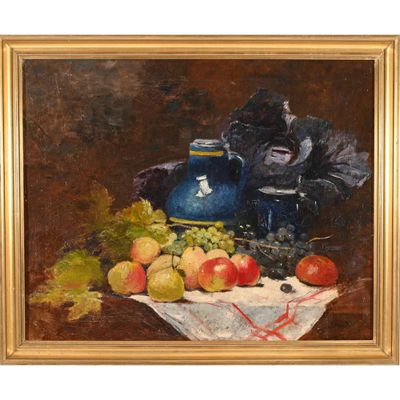 tableau représentant une nature morte composée de fruits et d'un vase posés sur une table
