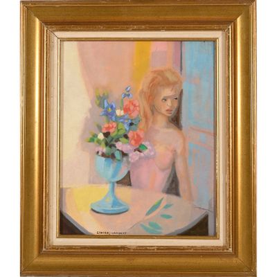 an oil painting of a woman sitting at a table with flowers in a vase