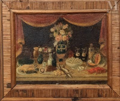 a picture of a painting of a table with food and wine on it