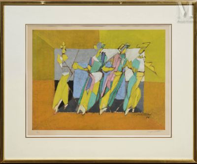 painting of a group of people dancing in a room with yellow walls