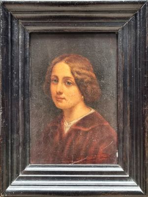 painting of a woman in a red dress in a black frame