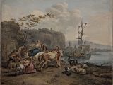 tableau représentant un groupe de personnes sur un rivage rocheux, avec un bateau en arrière-plan