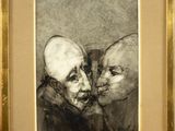 painting of a man and a woman kissing in front of a mirror
