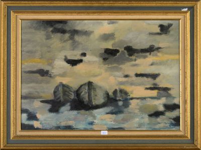 une image représentant un tableau où l'on voit un ciel nuageux avec des rochers au premier plan