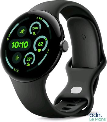 a black smart watch with a green display on the face