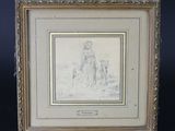 framed drawing of a man and a dog in a landscape