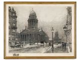 drawing of a large building with a clock tower in the middle of it
