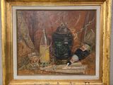 un tableau représentant un chat assis sur une table à côté d'un vase