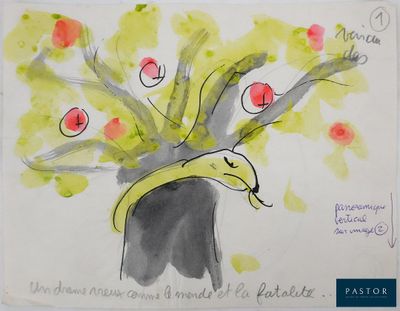 dessin représentant un arbre chargé de pommes, orné d'un ruban jaune