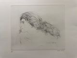 dessin représentant la tête d'une femme aux cheveux longs, vue de profil