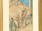 painting of a group of men riding camels in front of a building