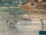 a watercolor painting of a beach with a boat in the water